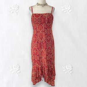 Whimsygoth Burgundy Red Orange Paisley Asymmetric Mesh Layered Midi Dress L